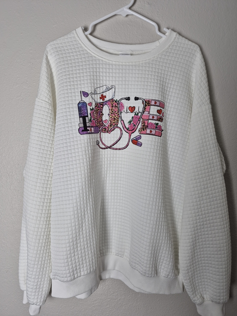 White 'LOVE' Graphic Nurse Sweatshirt. Size XL